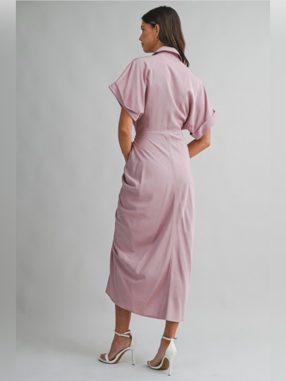 A705. Mable Tie-Front Midi Shirt Dress in Dusty Mauve - Picture 4 of 6